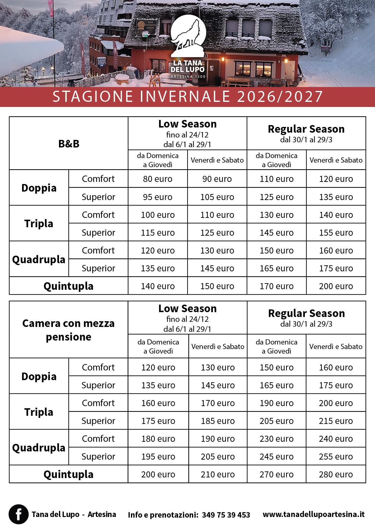 Prezzario La Tana del Lupo Estate 2026
